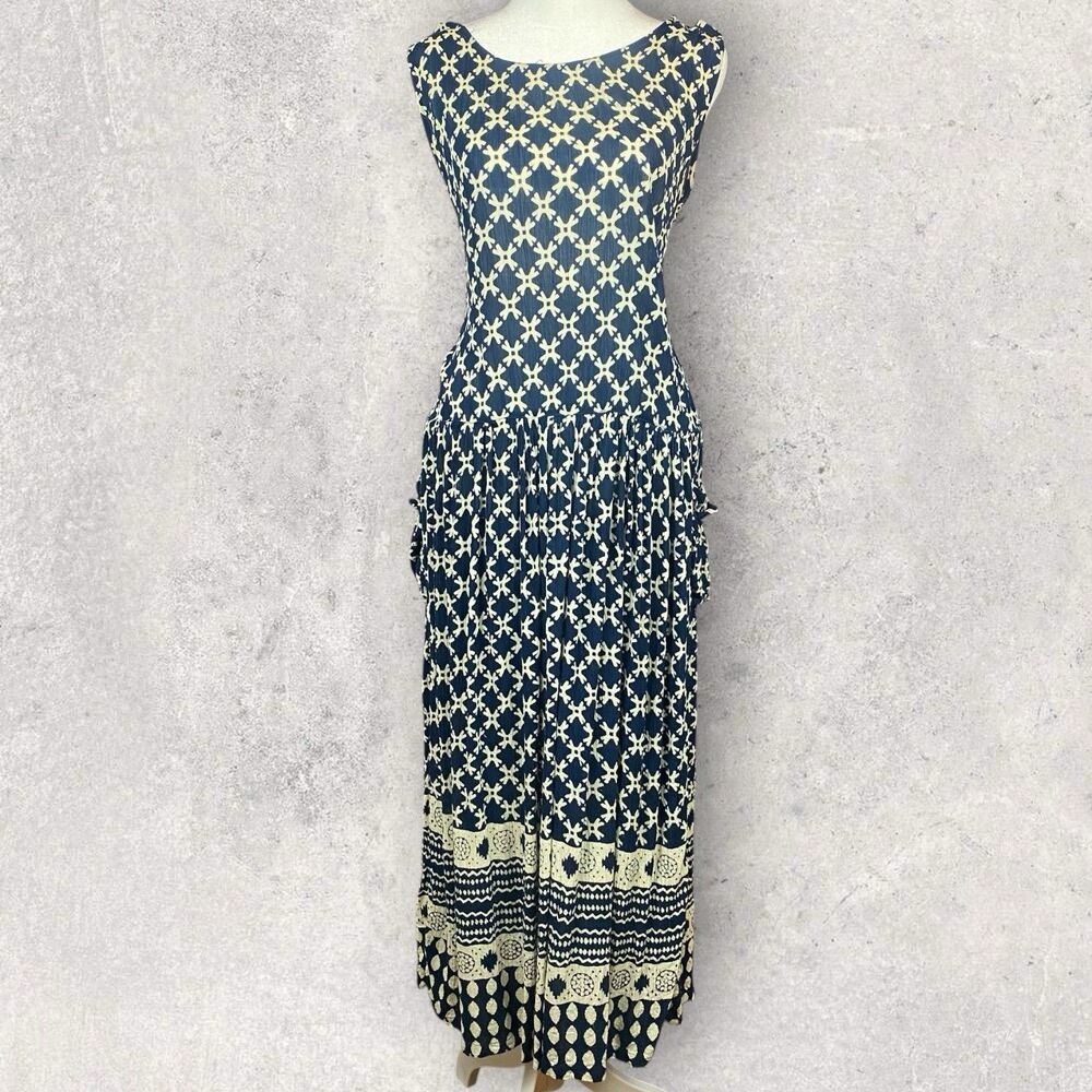 Vintage Bila Dress Blue White Size M Pockets Hippie Bohemian Artsy Max Boho